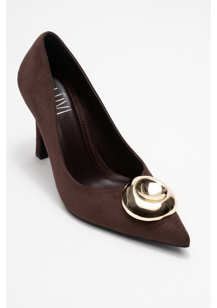 Jordana Kahverengi Süet Gold Tokalı Kadın Ince Topuklu Ayakkabı modelleri