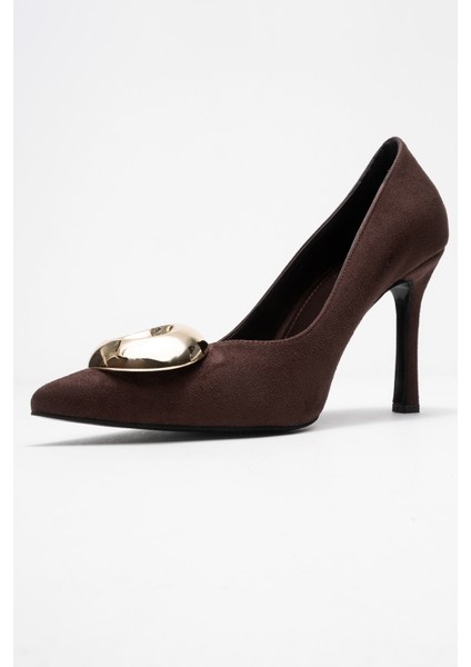 Jordana Kahverengi Süet Gold Tokalı Kadın Ince Topuklu Ayakkabı fırsatları
