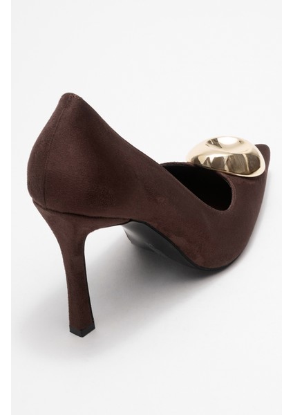 Jordana Kahverengi Süet Gold Tokalı Kadın Ince Topuklu Ayakkabı indirimleri