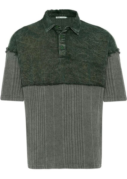 Yıkamalı Oversize Polo Yaka Tişört Haki