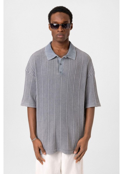 Polo Yaka Oversize Triko Gri modelleri