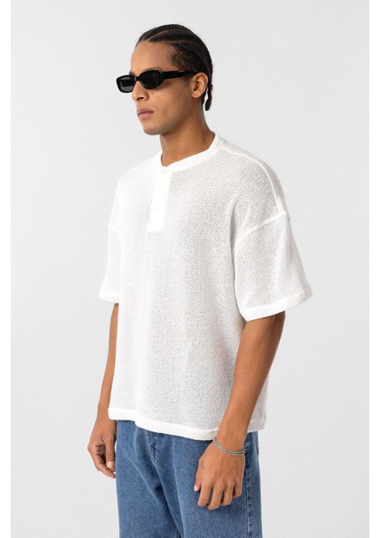 Basic Oversize Düğme Yaka Tişört Ekru indirimleri