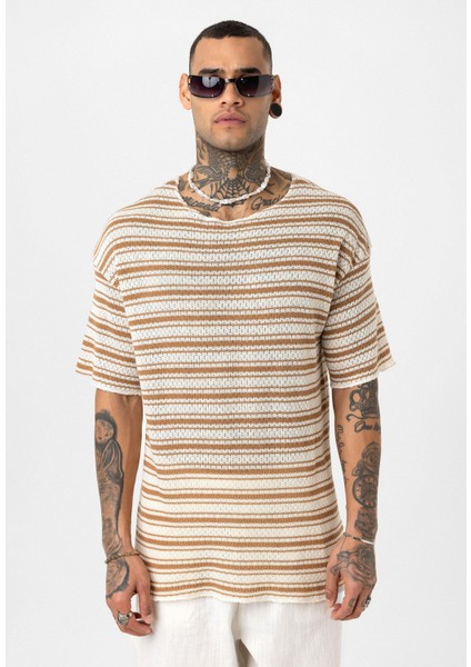 Çizgili Oversize Triko Tişört Camel modelleri