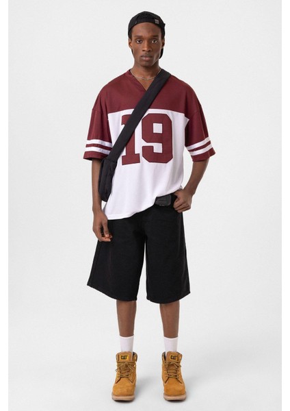 Baskılı Oversize Forma Tişört Bordo