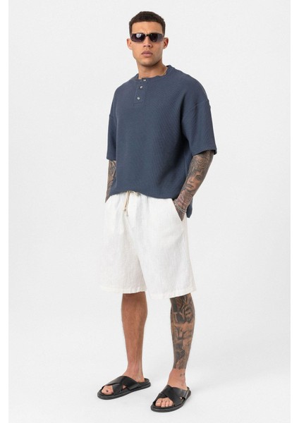 Düğmeli Yaka Oversize Tişört Petrol