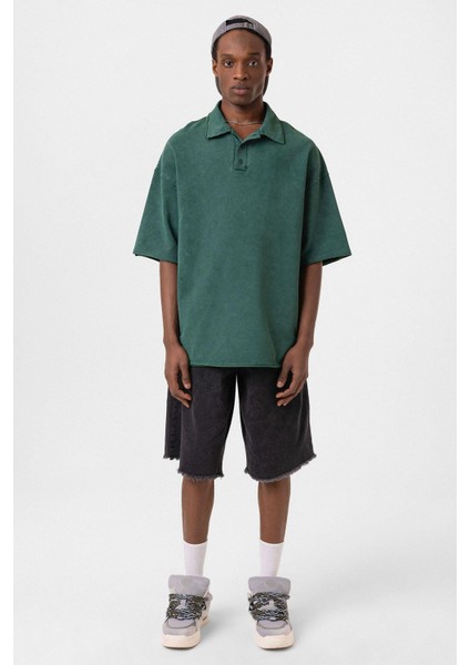 Polo Yaka Yıkamalı Oversize Tişört Nefti