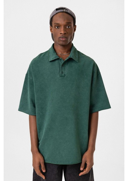 Polo Yaka Yıkamalı Oversize Tişört Nefti modelleri