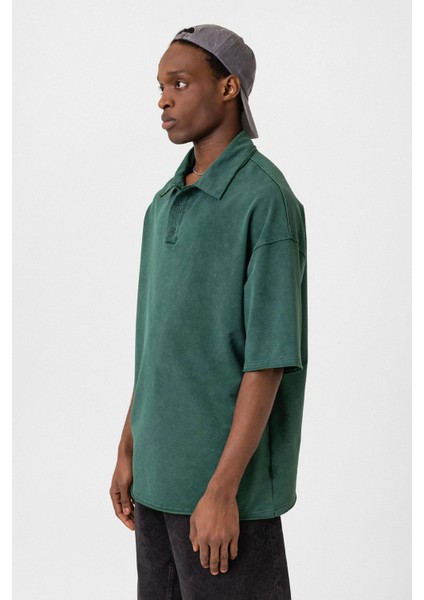 Polo Yaka Yıkamalı Oversize Tişört Nefti fırsatları