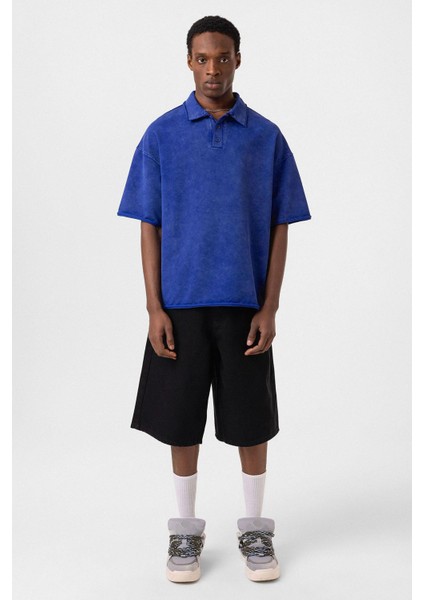 Polo Yaka Yıkamalı Oversize Tişört Saks