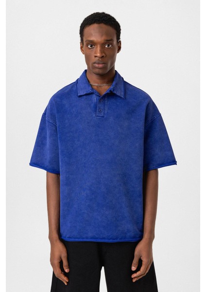 Polo Yaka Yıkamalı Oversize Tişört Saks modelleri