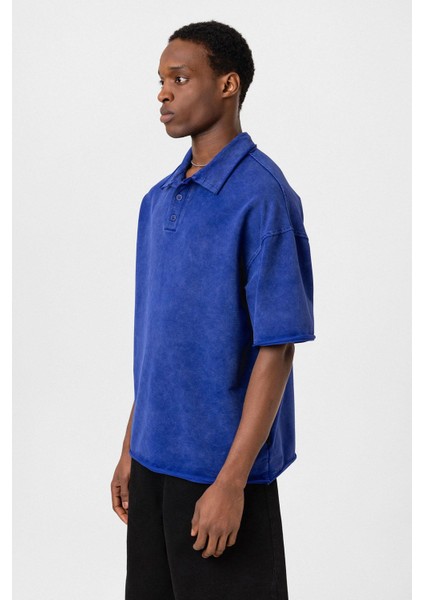 Polo Yaka Yıkamalı Oversize Tişört Saks fırsatları