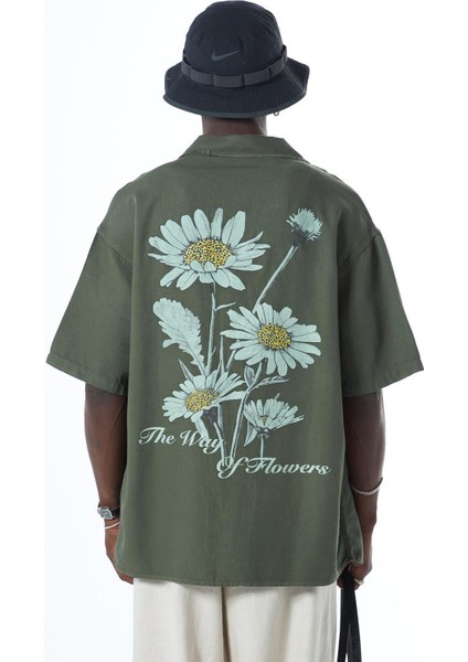 Yıkamalı Oversize Arka Baskılı Kısa Kol Cepsiz Gömlek Haki fiyatları