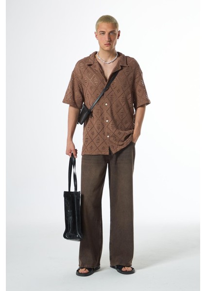 Oversize Kısa Kol Triko Gömlek Koyu Vızon