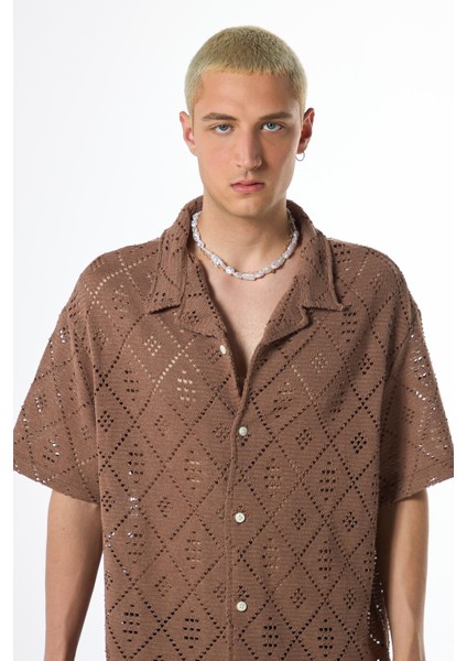 Oversize Kısa Kol Triko Gömlek Koyu Vızon modelleri