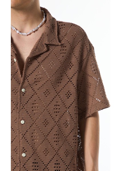 Oversize Kısa Kol Triko Gömlek Koyu Vızon fırsatları