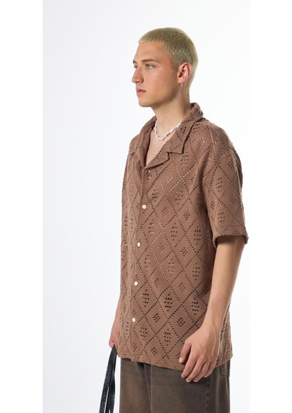 Oversize Kısa Kol Triko Gömlek Koyu Vızon indirimleri