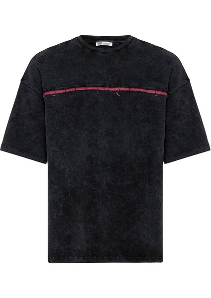 Yıkamalı Arka Baskılı Oversize Tişört Siyah