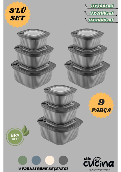 9'lu Mikrodalga ve Difriz Kullanımına Uygun Vakumlu Vıp Saklama Kabı Çeyiz Seti 3X(600-1100-1800 Ml)