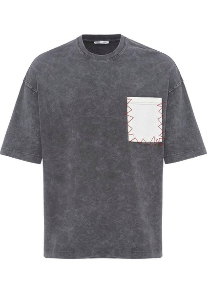 Yıkamalı Cep Detaylı Oversize Tişört Füme