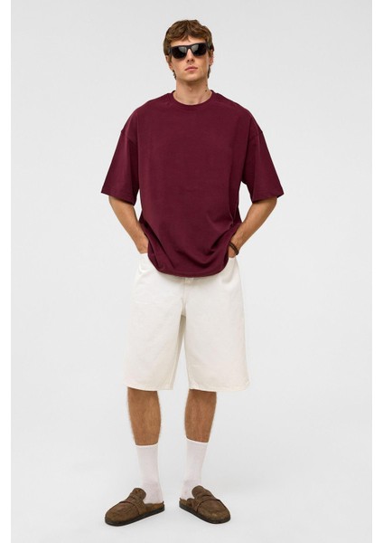 Basic Oversize Bisiklet Yaka Tişört Bordo