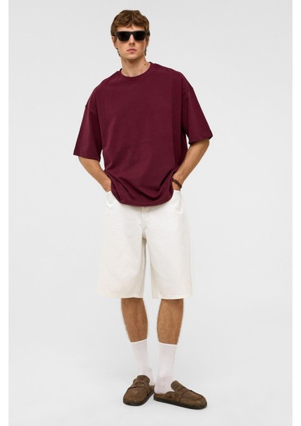 Basic Oversize Bisiklet Yaka Tişört Bordo fiyatları