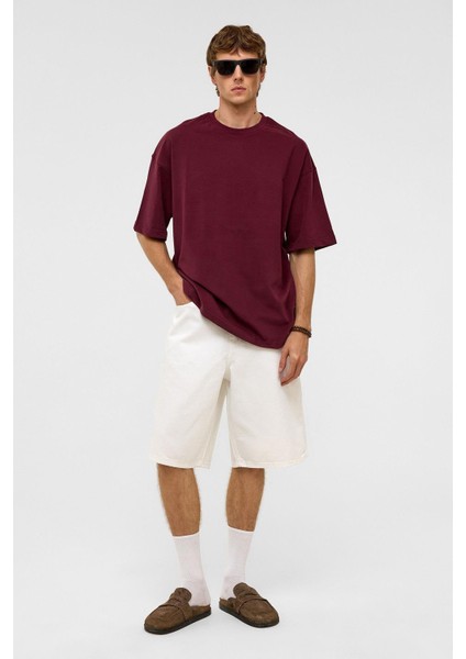 Basic Oversize Bisiklet Yaka Tişört Bordo modelleri