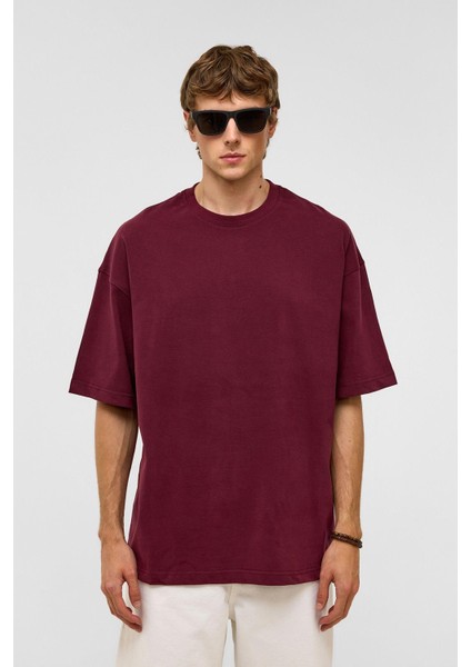 Basic Oversize Bisiklet Yaka Tişört Bordo fırsatları