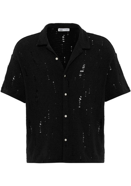 Oversize Deliklı Triko Gömlek Siyah