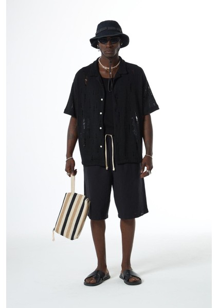 Oversize Deliklı Triko Gömlek Siyah fiyatları