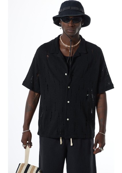 Oversize Deliklı Triko Gömlek Siyah modelleri