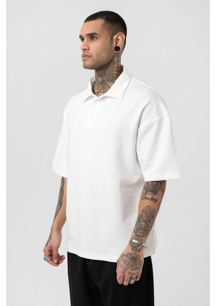 Basic Polo Yaka Oversize Tişört Ekru fırsatları