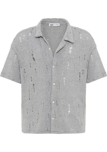 Oversize Deliklı Triko Gömlek Gri