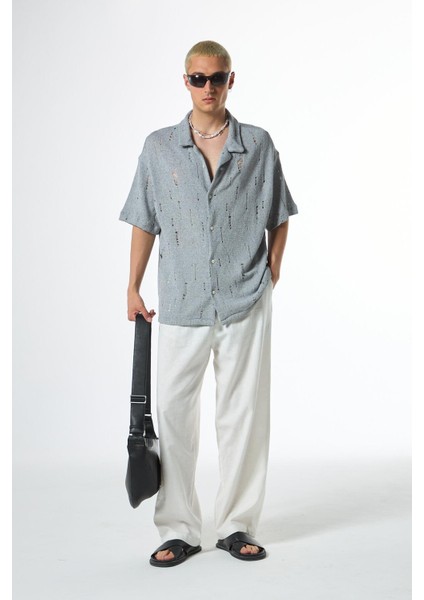 Oversize Deliklı Triko Gömlek Gri fiyatları