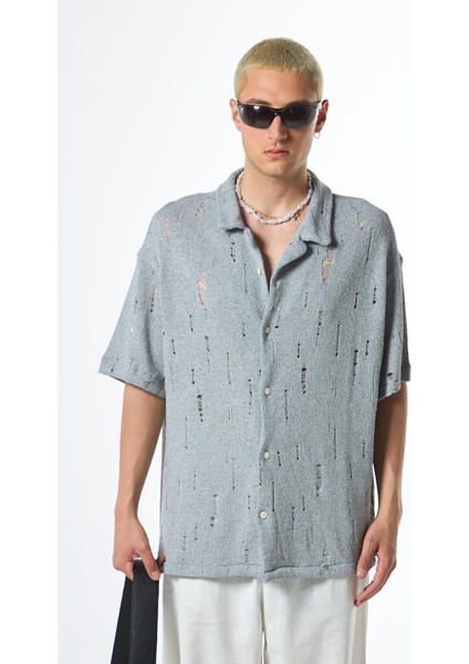Oversize Deliklı Triko Gömlek Gri modelleri
