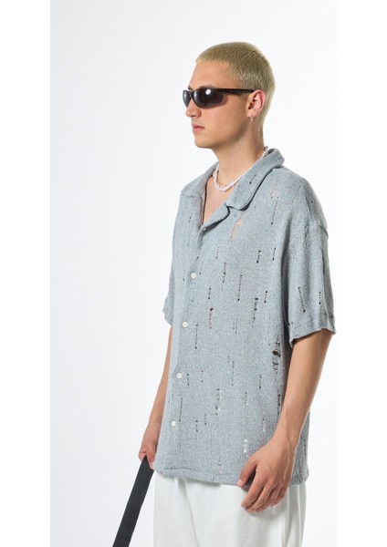Oversize Deliklı Triko Gömlek Gri fırsatları