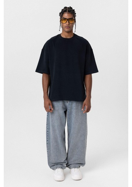Basic Oversize Bisiklet Yaka Tişört Siyah