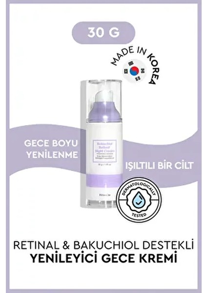 Bakuchiol Retinol Gece Kremi 30 gr A Vitamini ile Zenginleştirilmiş Nemlendirici