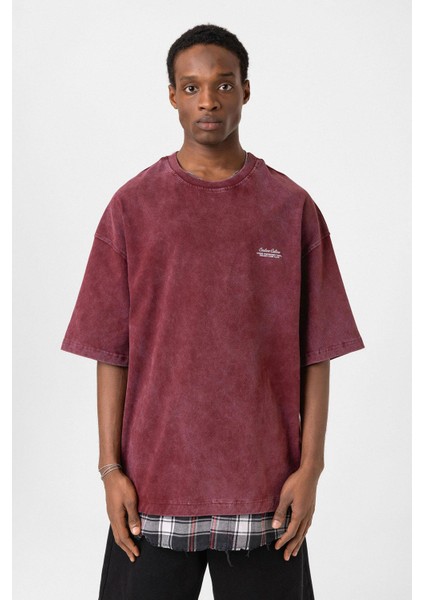 Yıkamalı Oversize Ekose Detaylı Tişört Bordo modelleri