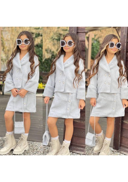 Kız Çocuk Ikili Takım Pelüş Detaylı Ceket - Etek - Çanta Hediye