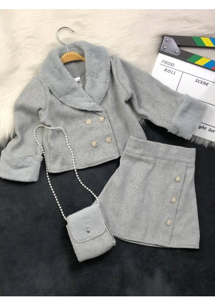 Kız Çocuk Ikili Takım Pelüş Detaylı Ceket - Etek - Çanta Hediye fiyatları