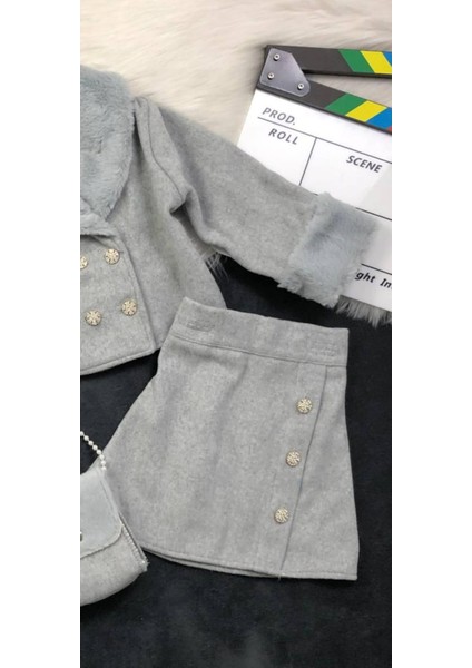 Kız Çocuk Ikili Takım Pelüş Detaylı Ceket - Etek - Çanta Hediye fırsatları