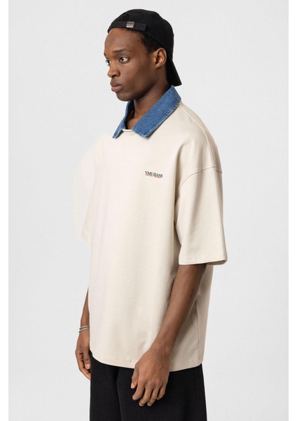 Polo Yaka Yazı Detaylı Oversize Tişört Taş fırsatları