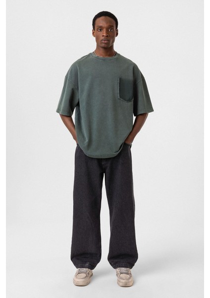Yıkamalı Cep Detaylı Oversize Tişört Yeşil