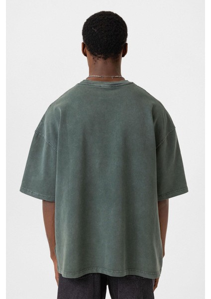 Yıkamalı Cep Detaylı Oversize Tişört Yeşil indirimleri