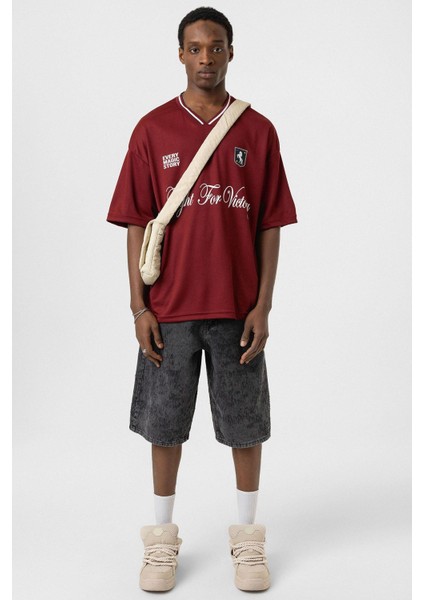 Baskılı Oversize Forma Tişört Bordo