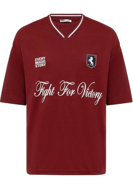 Baskılı Oversize Forma Tişört Bordo fiyatları