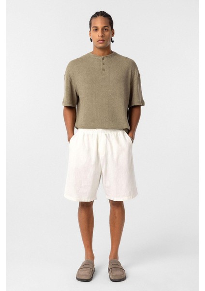 Basic Oversize Düğme Yaka Tişört Haki