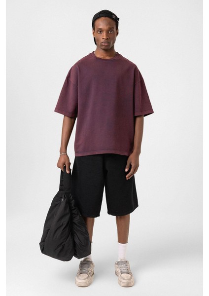 Yıkamalı Oversize Tişört Bordo