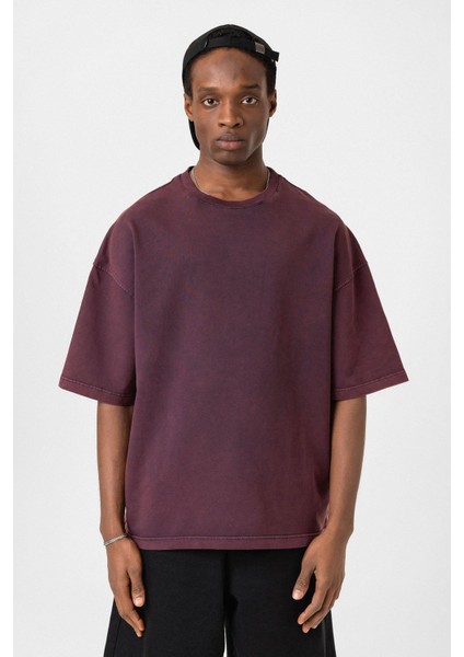 Yıkamalı Oversize Tişört Bordo modelleri