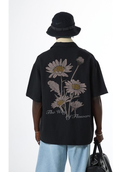 Yıkamalı Oversize Arka Baskılı Kısa Kol Cepsiz Gömlek Siyah fiyatları